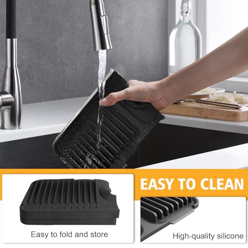 17.7-Inch Kitchen Sink Splash Guard Mat | 7° Slope for Fast Self-Draining | Snap-Lock Design | Universal & Cuttable Silicone - color: Black, size: 17.7" x 5.5"