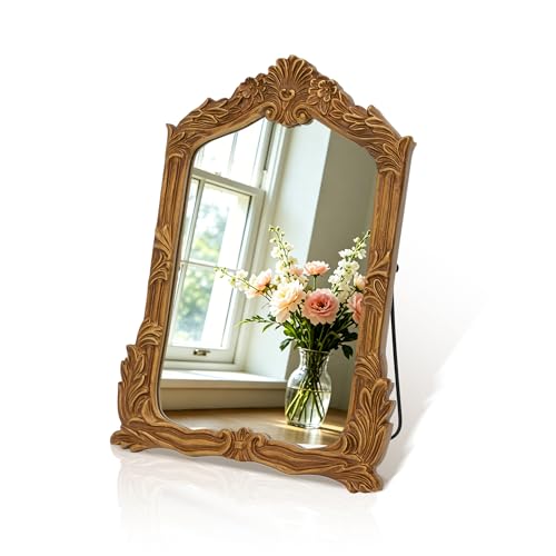 Besdomus Antique Makeup Desk Mirror: 11"x14.5" Small Gold Bow Table Vanity | Antique Standing Carved Mirror - Baroque Traditional Ornate for Bedroom/Vanity Table/Living Room - Ideal for Ages 18-45 - size: 11"L x 14.5"W