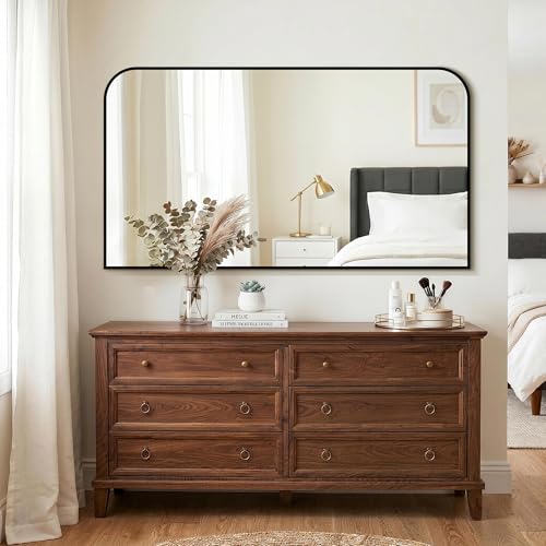 Black Bathroom Vanity Mirror 55x30 Inch | Metal Framed Bathroom Mirror for over Sink, Living Room, Bedroom, Entryway, Mantel, Fireplace Decor, Wall Mounted - size: 30"L x 55"W