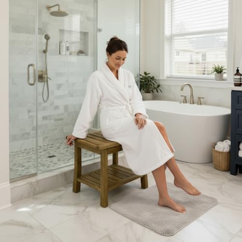 Teak Wood Shower Bench 14"/ 20"/ 30" Wide - Bathroom/Spa/Tub Teak Shower Stool Seat W/Shelf & Arms, Waterproof Heavy Duty Teak Wooden Shave Bench (20in) - size: 20in