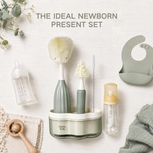 Baby Bottle Brush Set with Soap Dispenser, Foaming Brush & Drying Stand | Soft Silicone Bristles, Fan-Shaped Deep Cleaning Head, 3-Piece Kit with Nipple & Straw Brushes, Quick-Dry Storage, BPA-Free