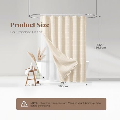 Beige 3-in-1 Linen Heavy Duty Shower Curtain with Liner, 72x72, Cream | 330GSM Linen Blend, Waterproof Clear PEVA Liner, Heavy Duty Fabric, 12 Plastic Hooks, Rustic Bohemian Style, Machine Washable - color: Cream With Liner, size: 72"W x 72"L (Pack of 1)