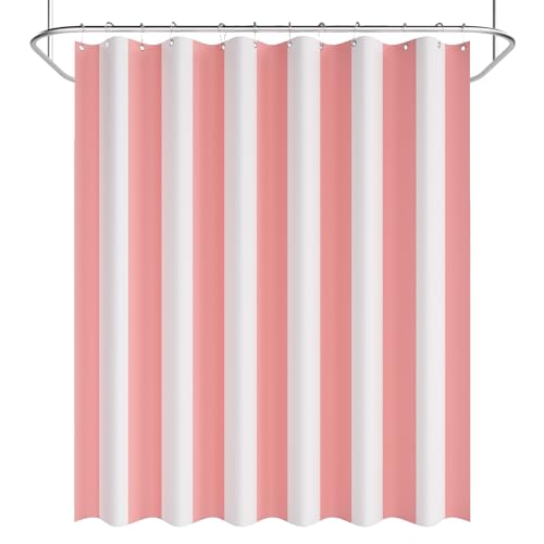 AmazerBath Pink Vertical Stripes Shower Curtain, Cute Pink Stripe Bathroom Shower Curtain with 12 Shower Curtain Hooks, Rustic Fabric Pink and White, 72x72 Inches - color: A- Pink Vertical Stripes+12 Metal Hooks, size: 72"W x 72"L (Pack of 1)