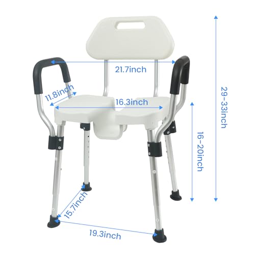 U-Shaped Shower Chair for Inside Shower, 400lbs Max Heavy Duty Triple-Bar Base Reinforcement, with Arm and Back for Elderly and Disabled, Adjustable Height, Effortless Personal Hygiene Access