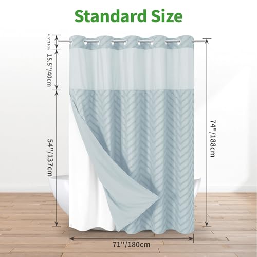 eachope No Hook Boho Farmhouse Shower Curtain with Snap-in Fabric Liner set-71Wx74H(72H),Tufted Chevron Striped Hotel Grade Cloth Shower Curtains for Bathroom with Window,Water Repellent,Fog Blue - color: Fog Blue, size: 71"W x 74"L (Pack of 1)