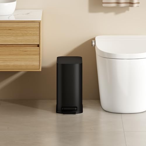 TIPGO Small Bathroom Trash Can with Lid Soft Close,1.3 Gallon, Matte Black | Step Pedal, Removable Inner Bucket, 5 Liter Slim Stainless Steel Garbage Can for Bedroom, Office, Kitchen - color: Black