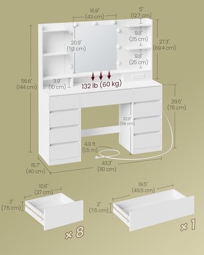 VASAGLE KAILYN Collection - Vanity Desk with Mirror and 9 LED Bulbs, Modern Vanity Makeup Table with Power Outlets, Dressing Table with 9 Drawers, for Bedroom, Cloud White URDT141WB01S - style: 43.3"W 9 Drawers Vanity Desk - Cloud White
