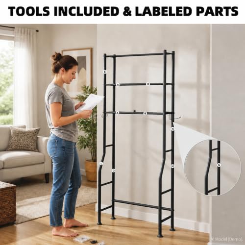 GloTika 3-Tier Over Toilet Storage, Anti-Tilt, 64" H, Black | Anti-Tilt Safety System, 150lb Capacity, Carbon Steel, Freestanding, No Drilling, Anti-Rust Coating, Paper Holder & 4 Hooks - color: Black, size: 3-Tier