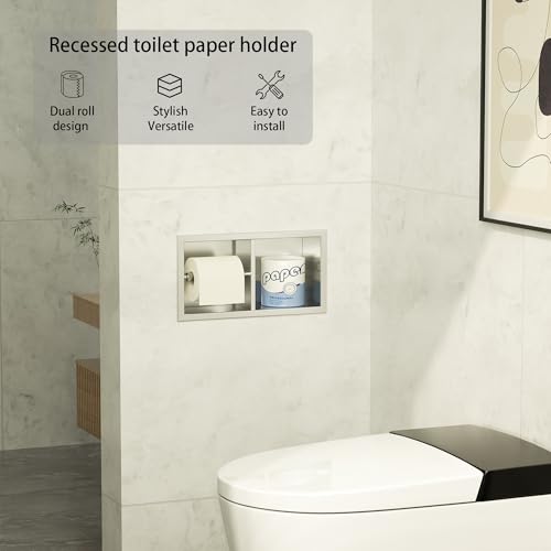 Neodrain Brushed Recessed Toilet Paper Holder,for Standard/Mega Roll | Dual Roll,304 Stainless Steel, Hidden In-Wall, Simple Loading and Unloading, Space-Saving for Modern Bathrooms & RV - color: Brushed