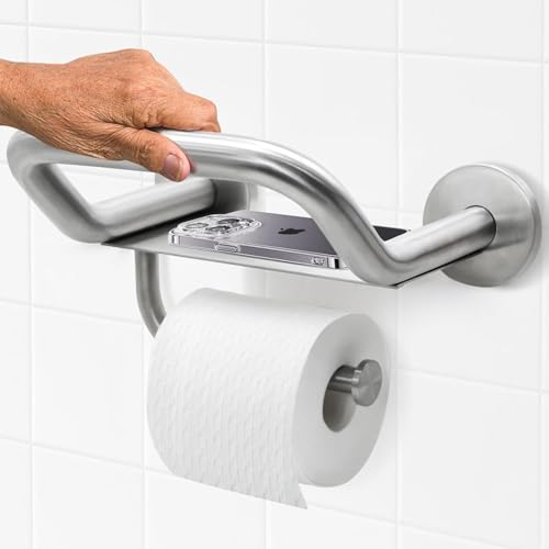 Grab Bar Toilet Paper Holder Combo, 3-in-1 Bathroom Grab Bar with Paper Holder and Phone Shelf, 304 Stainless Steel Safety Bars, Toilet Paper Assist Bars, Toilet Grab Bar for Seniors, Wall Mount - size: 8.9 inch wide upgrade