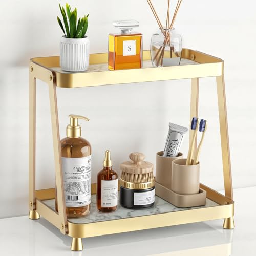 2-Tier Acrylic Bathroom Vanity Organizer, Gold | Bathroom Counter Storage Shelf with Marble-Look Tray, Holds Cosmetics, Perfume, Makeup & Skincare Products - color: Gold