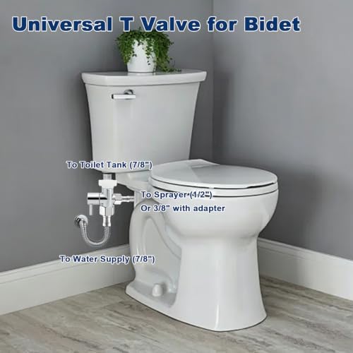 NearMoon Bidet T Adapter with Shut-off Valve, Solid Brass 3-Way T Valve for Toilet, 7/8" x 7/8" x 1/2" or 3/8" Tee Connector, Heavy Duty Bidet Attachment for Handheld Sprayer (Chrome Finish)