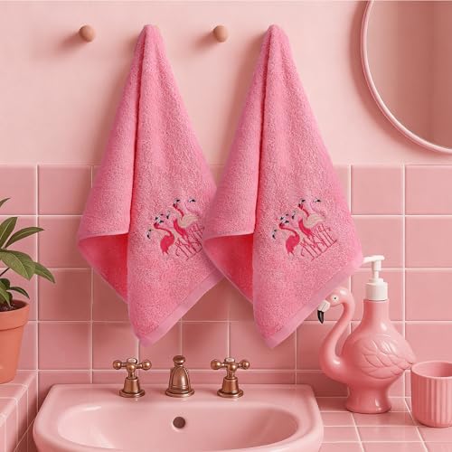 SmoothNovelty 2 Pcs Flamingo Hand Towels Hot Pink Bathroom Decor 14x29 Inch Embroidered 100% Cotton Soft Absorbent Spring Summer Decorative Hand Towels for Bathroom Kitchen - style: Flamingo