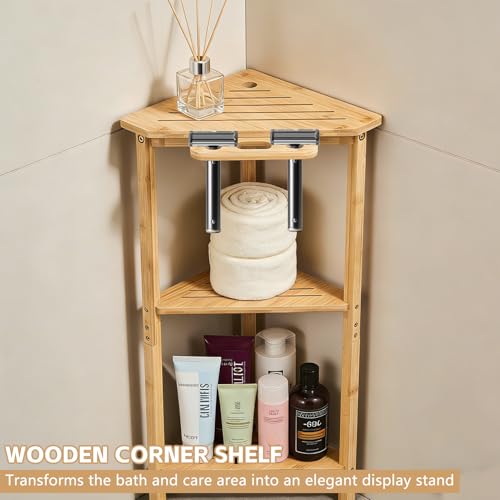 Natural Bamboo Corner Shower Stand, 3-Tier Wooden Standing Shower Organizer, Waterproof Space-Saving Bathroom Corner Shelf for Shower, Kitchen or Living Room