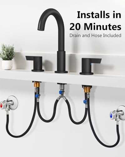 Matte Black Bathroom Faucet 3 Hole, 8 Inch Widespread 2-Handle | SUS304 Stainless Steel, 2-Handle Control, Pop-Up Drain, Supply Lines and Mounting Hardware for 8-Inch Widespread Vanity Sinks - color: Matte Black