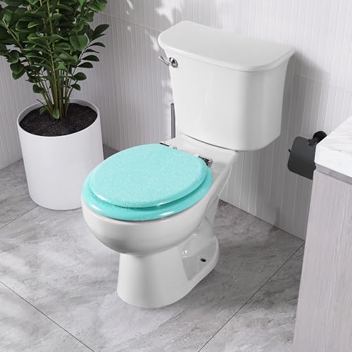 Angol Shiold Glitter Toilet Seat Molded Wood Round Toilet Seat with Quietly Close and Quick Release Hinges, Easy to Clean also Easy to Install (Round 16.5'', Green) - color: Green, size: Round 16.5‘’