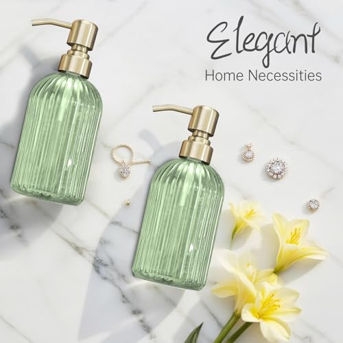 16Oz Green Glass Soap Dispenser with Rust Proof Stainless Steel Pump, Green Stripe Bathroom Hand Dish Lotion Dispensers with Brushed Gold Pump,Brushed Gold Glass Soap Dispenser - color: Brushed Gold + Green, size: 1-Pack