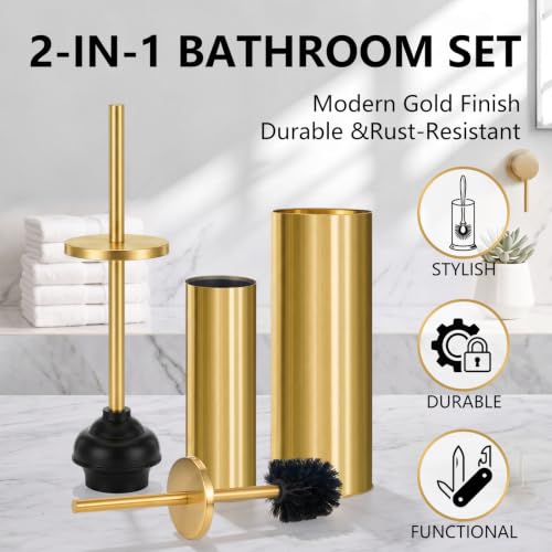 Gold Toilet Plunger and Brush Set, 2 Piece Stainless Steel Bathroom Cleaning Combo with Holder, Modern Luxury Gold Finish Cleaning Toilet Tools for Bathroom Deeply Clean and Decor