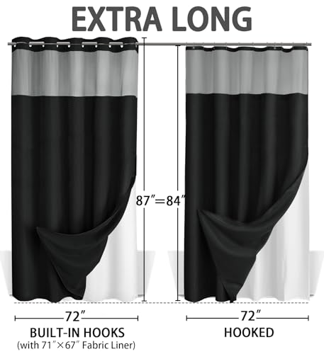 No Hook Shower Curtain with Liner Set Hotel Waffle Curtain Black 72W X 87L | Washable Snap in Fabric Liner, Mesh Top Window, Waffle Hotel Style Shower Curtain Set - color: Black, size: Extra Long 72"W x 87"L
