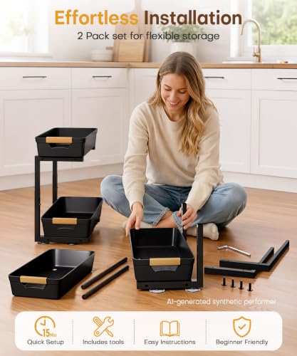 Homde Sliding Under Sink Organizer: 2-Pack Pull-Out Rack for Kitchen | 4 Easy-Access Baskets for Cluttered Cabinets - Busy Families Find Everything Instantly - Full-Extension Glide Design