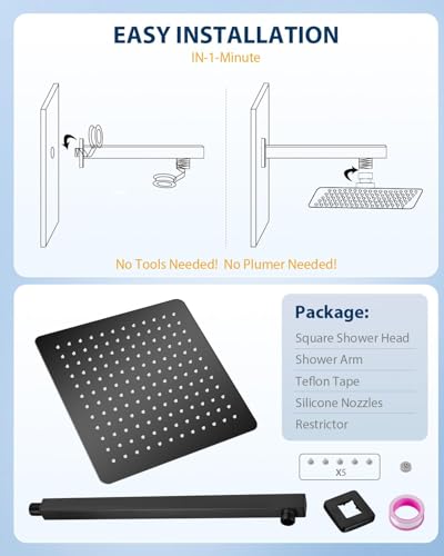 All Metal Matte Black Rainfall Shower Head with Extension Arm, 12" Large Rain Square Showerhead with 16" Long Shower Arm Stainless Steel, 144 Silicone Nozzles Waterfall Full Body Coverage - color: Matte Black