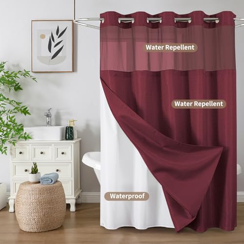 Colorful Star No Hook Waffle Shower Curtain with Snap in Fabric, Waterproof Shower Curtains with See Through Top Window, Hotel Luxury Heavy Duty Bathroom Curtain and Liner Set, 72'' x 75'', Burgundy - color: Burgundy, size: 72"W x 75"L (Pack of 1)