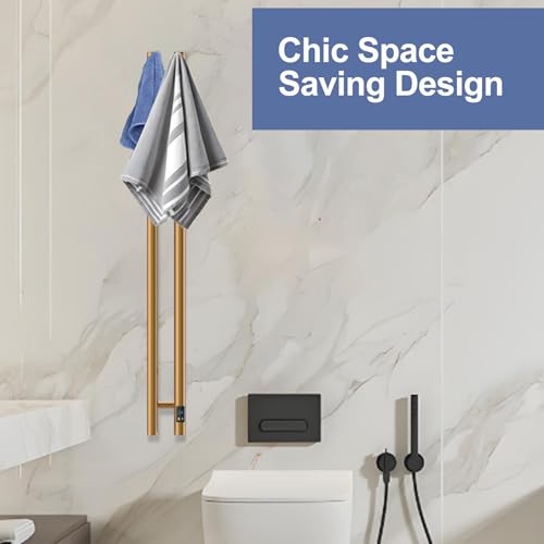 Heated Towel Rack, Towel Warmer with Timer, Wall Mounted hot Towel Warmer Rack for Bathroom, Hardwired or Plug-in Models Vertical Towel Heater, 2 Vertical Rack Round Design (Gold) - color: Gold