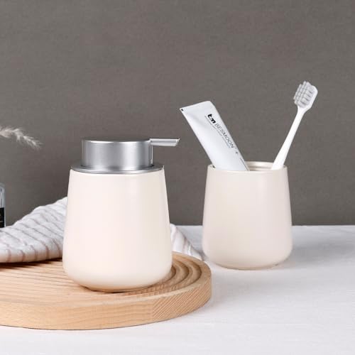 BosilunLife Ceramic Soap Dispenser - Dish Soap Dispenser for Bathroom 12Oz | Refillable Liquid Hand Wash Dispenser for Essential Oil, Lotion Soap, Beige & Grey - color: Beige With Silver Pump