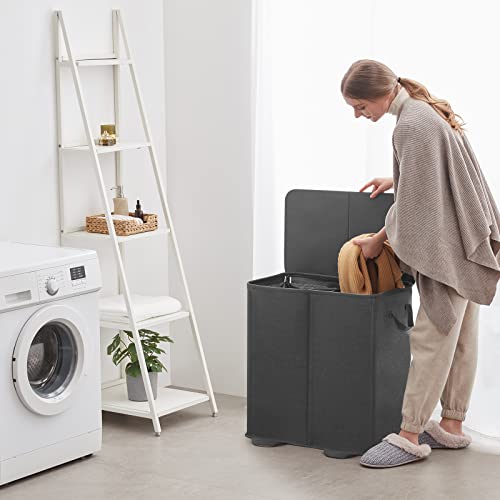 Lifewit Double Laundry Hamper with Lid and Removable Laundry Bags, Large Collapsible 2 Dividers Dirty Clothes Basket with Handles for Bedroom Laundry Room Closet Bathroom College, 155L Black - color: Black, size: 155L