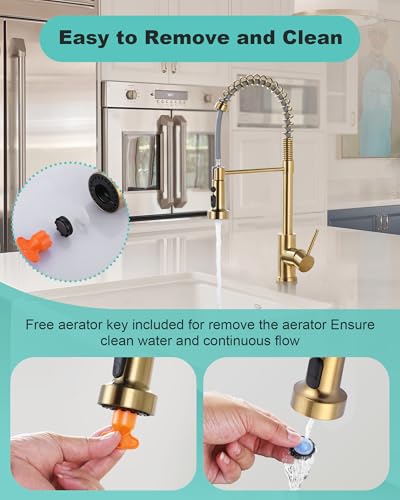 Pull Down Faucet Head Replacement: 3-Function Kitchen Faucet Head with 9 Adapters - Brushed Gold Kitchen Sink Spray Replacement Compatible with Moen, Delta, American Standard Faucets - color: Brushed Gold