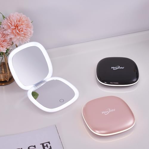 Mocado Compact LED Magnifying Travel Makeup-Mirror - 4 inches 1X/10X Magnification Small Hand Pocket Dimmable Double Sided USB Rechargeable Touch Screen, Portable Tabletop Cosmetic (White) | Double Sides Lighted, 3 Colors Lighting, 0-100% Brightness, Diam