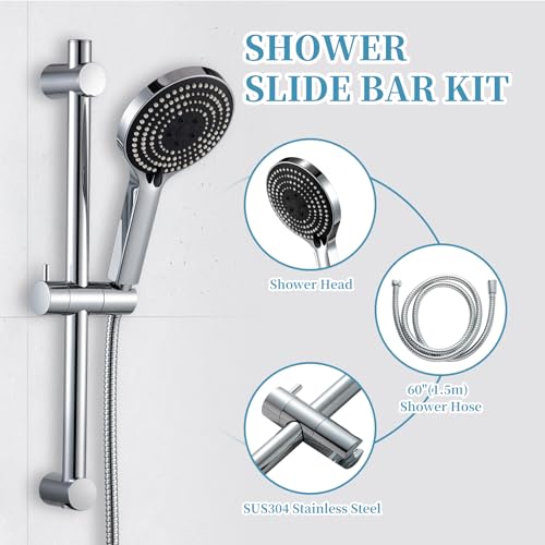 OFFO Shower Slide Bar Combo, Adjustable 21 in Slide Bar with 6-Mode High Pressure Handheld Shower Head and 60 in Stainless Steel Hose, Screw Wall Mounted, Chrome - color: Chrome, style: 21" Slide Bar & 60" Hose