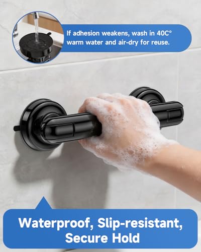 Suction Shower Handle, 2 Pack Grab Bars for Shower and Bathroom, Removable Safety Grip No Drilling & Waterproof, Heavy Duty Suction Cup Bath Handrails Grab Bars for Bathtubs, 11 inch - Black - color: Black