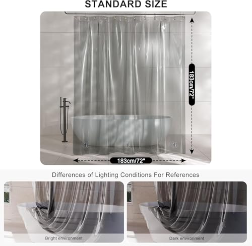 Clear Heavyweight PEVA Shower Curtain Liner, Waterproof Shower Liner Rustproof Metal Grommets with Weighted Magnetic Hem, BPA-Free, 72 x 72 Inches Clear Grey