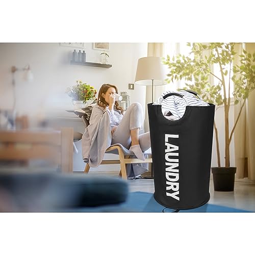Maxsilan 125L X-Large Laundry Basket Bag, Collapsible Tall Hamper, Black | Freestanding tall laundry bag & foldable washing basket. Extra large clothes storage bin with durable sturdy handles - color: Black, size: 125L