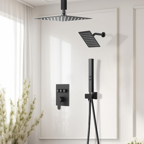 Shower Faucet Set Shower Systems,Push Button Diverter Shower Faucet with 2 in 1 Handheld,Ceiling Mount 10"+6" Dual Shower Heads with 2-in-1 Handheld Spray,Matte Black Shower Set for Trim Kit - color: Matte Black, size: 6+10 inch-01