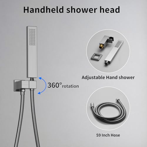 Dual Shower Mixer 6 Way Full Body Shower Head System Rain 12+8+8 Inch With Wall Mount 6 Pcs Jets 2 Handheld Shower Diverter Valve Digital Display Fauct Set, Brushed nickel - color: Brushed Nickel