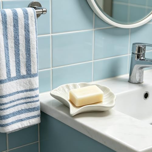 Ceramic Soap Holder, Seashell Self-Draining Soap Tray for Sink, Bathroom, Shower, Small Elegant Glazed Soap Dish, Easy to Clean (White) - color: White