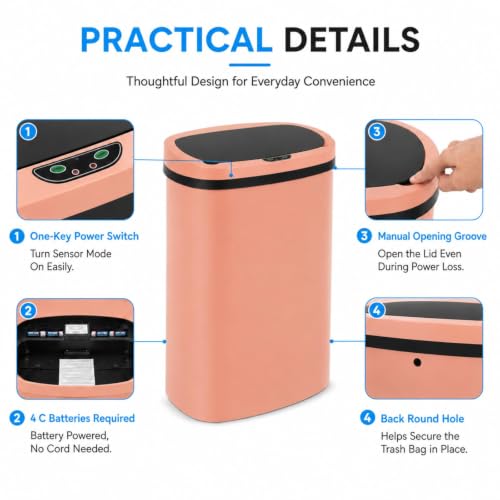 13 Gallon Kitchen Trash Can with Lid,Automatic Touchless Garbage Can for Kitchen,PP Plastic Motion Sensor Trash Can,Tall Large-Capacity Trash Bin,Hands-Free Smart Waste Bin for Home - color: Light Salmon