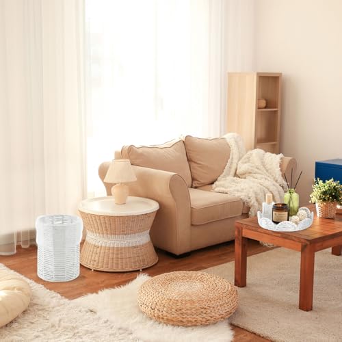 Ctosree 1.3 Gallons Small Wicker Trash Can with Lid Handle Woven Wicker Rattan Bathroom Waste Basket Boho Trash Basket with 100 Plastic Garbage Bags for Bedroom Office Laundry (Scalloped Style, White) - color: White, size: 1.3 Gallons, style: Scalloped St