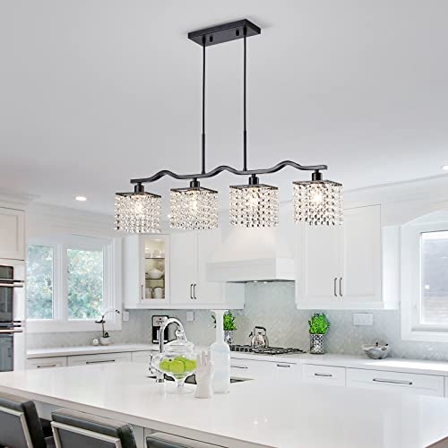 WUZUPS Crystal Chandelier 4-Light Linear Raindrop Pendant Ceiling Light Modern Lighting Fixture for Bedroom Dinning Room Bar Kitchen Island, H8.7'' W4.7'' L30.5, E12 Base, Black - color: Black Pendnat Light