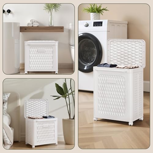 VECELO Rolling Laundry Hamper with Wheels and Lid, Foldable Plastic Laundry Basket with Handle, Rolling Divided Laundry Cart for Small Spaces, Laundry, Bathroom, Bedroom, White - color: White