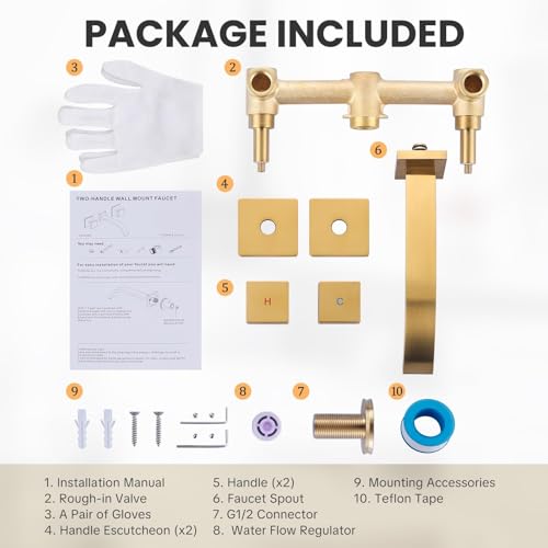 ALEASHA Wall Mounted Bathroom Sink Faucet, Brushed Gold Bathroom Faucet | Waterfall Bathroom Sink Faucet with Two Handles, Controllable Heat and Cold, Solid Brass Wall-Mount Washroom Faucets - color: Brushed Gold