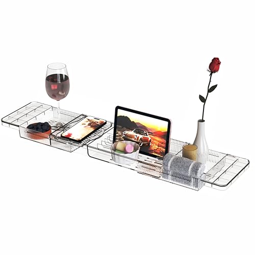 Luxury Tub Tray for Bathtub Expandable,Clear Bath Shelf Over Tub and Acrylic Bathtub Tray,Plastic Bath Board & Table,Bath Caddy Tray & Accessories for Mothers,Mom and Women Relaxing Spa Gifts - size: M - (22.3 to 31.8 in)