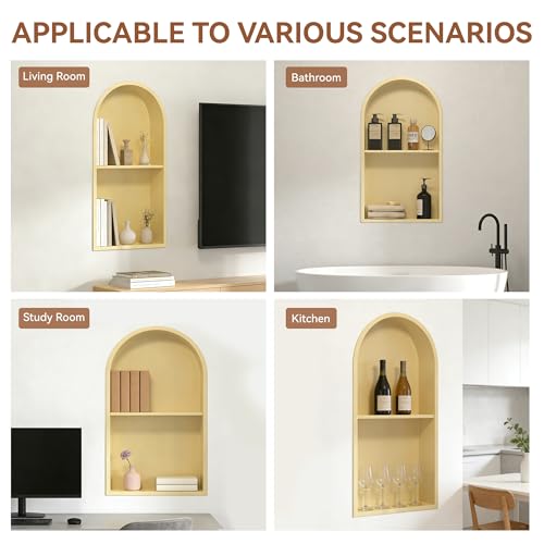 SUPERFLO Arched 12"×24" Matte Gold Stainless Steel Shower Niche for Bathroom Shower Wall, No Tile Needed Shower Shelves, Recessed Wall Niche, Double Shelves - color: Matte Gold-arched, size: 24x12" Double Shelf