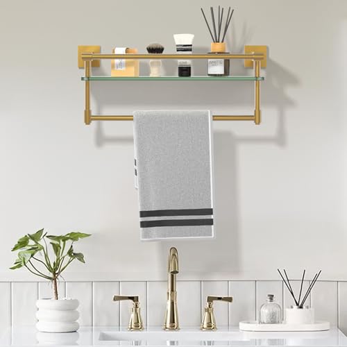 Bathroom Glass Shelf Brushed Gold Finish with Towel Rack, SUS304 Stainless Steel, 16-inch Tempered Glass Shelves for Wall - color: Brushed Gold, size: 16-inch with Railing