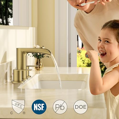 FORIOUS Bathroom Faucet 3 Hole Widespread Sink 8 Inch 2 Handle Brushed Gold | 3-hole 6-12 Inch Widespread Sink, Waterfall Faucets, with Drain and Hoses,for Vanity Rv Commercial Lavatory Restroom Basin - color: Brushed Gold