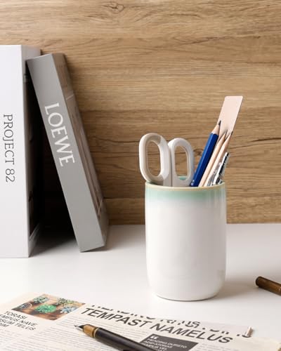 BosilunLife Ceramic Toothbrush Holder - 12oz Bathroom Toothbrush Holder Tooth Brush Holders Tumbler Cups Reusable Toothbrush Mouthwash Cup Small Toothbrush and Toothpaste Holder, White with Blue-Green - color: White With Blue-green-cyl, size: cylinder