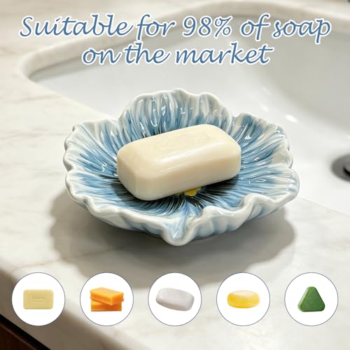 Ceramic Soap Holder with Flower Arrangements, Automatic-Draining Soap Tray for Bathroom Sink & Shower, Small Cute Elegant Glazed Holder, Easy to Clean (Blue) - color: Blue