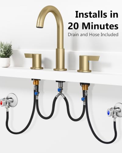 Brushed Gold Bathroom Faucet 3 Hole, 8 Inch Widespread 2-Handle | SUS304 Stainless Steel, 2-Handle Control, Pop-Up Drain, Supply Lines and Mounting Hardware for 8-Inch Widespread Vanity Sinks - color: Brushed Gold